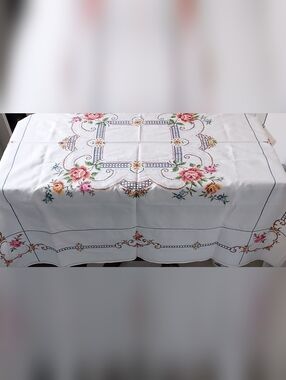 Vintage Hand-Embroidered Rose Tablecloth – Large Cross Stitch Floral Linen, 48"